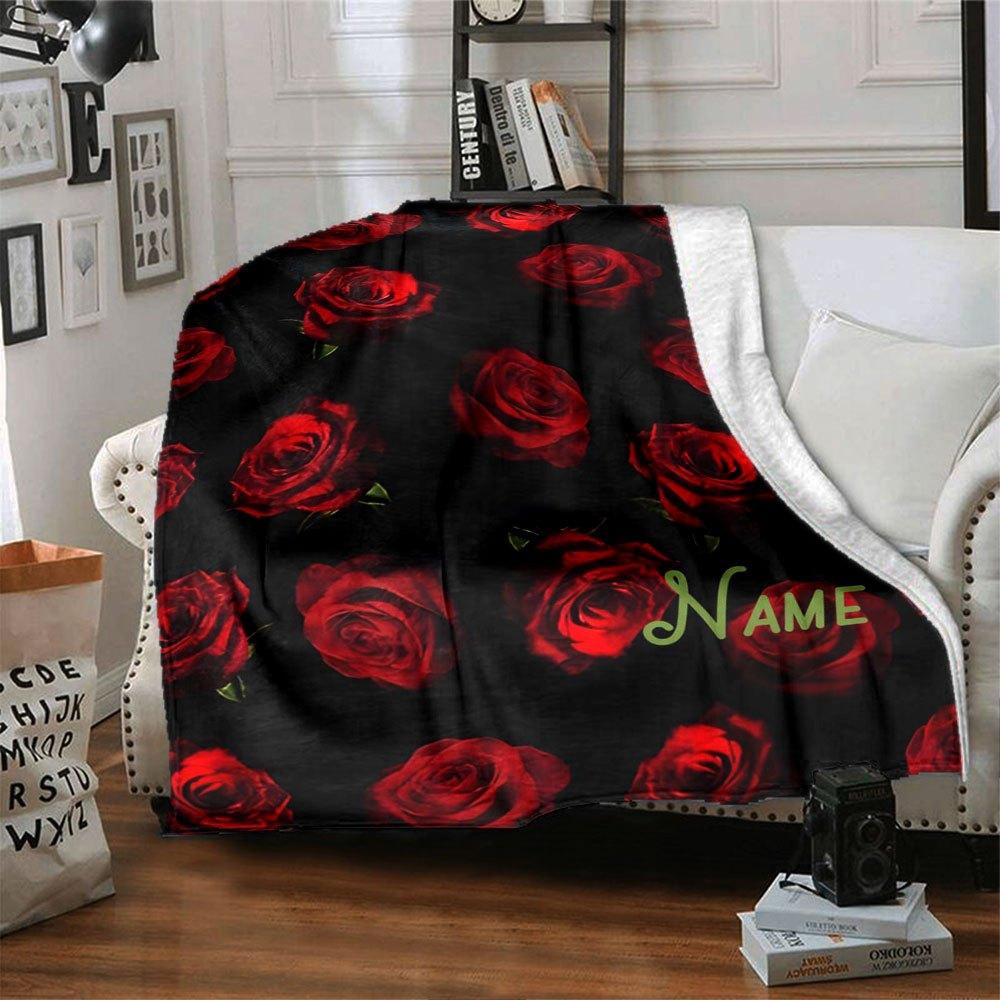 Red Roses On Black Fabric Gift Customizable Blanket Personalized Name Comfortable Texture Perfect For Sofa Couch Office Bed Picnics Ideal For All