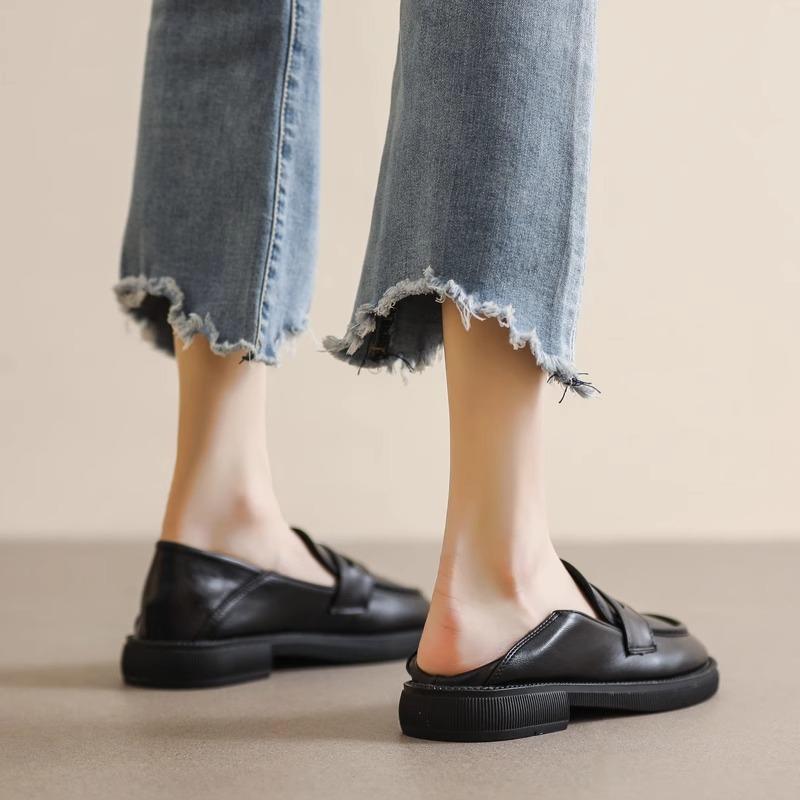 Retro British Style Small Leather Shoes Women's 2025 Spring and Autumn New Thick-soled One-pedal Loafers Popular Black Jk Single Shoes