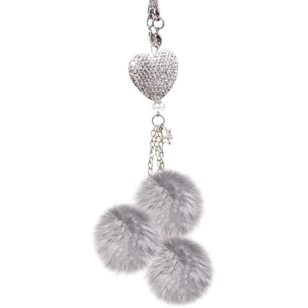 Bling Heart Rhinestones Diamond Car Accessories, Cute Love Heart Plush Ball Car Mirror Hanging Accessories Lucky Rearview Mirror Charms Decorations