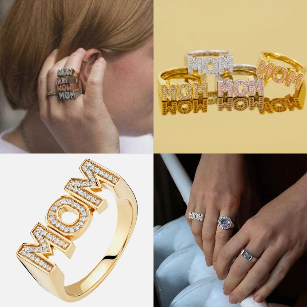 Zinc Zinc Alloy Zircon Letter Ring Jewelry Gift for Mother's Day Trendy MOM Ring Overlay