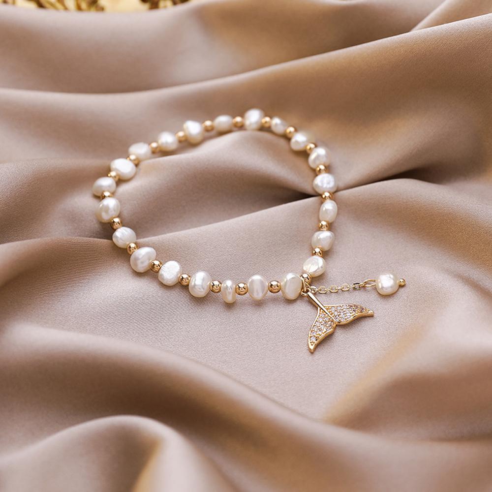 Fashion Jewelry Women Temperament Crystal Pendant Whale Fishtail Bracelets Beads Pearl Bangles