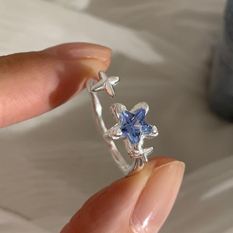 925 Sterling Silver Rings For Women Geometric Fine Jewelry Finger Adjustable Blue Flower Ring For Party Birthday Gift