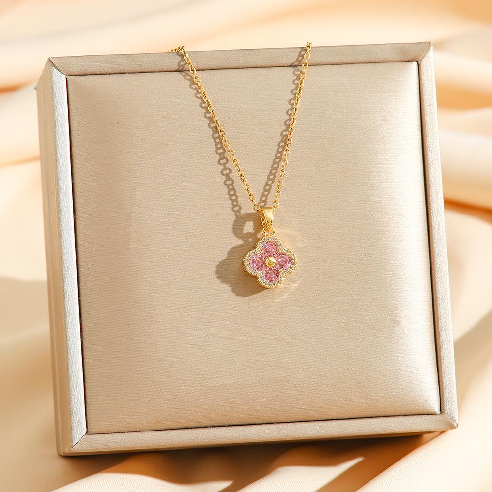 Full diamond zircon lucky colored diamond four-leaf clover necklace female ins wind light luxury titanium steel chain female versatile model