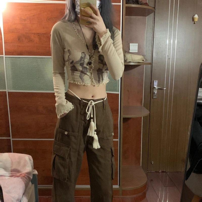 2KWEIRD Y2k Clothes Retro Campus Style Print Slim Long-Sleeved Summer Design Lace Short Cardigan Top Grunge Clothes Ropa Mujer