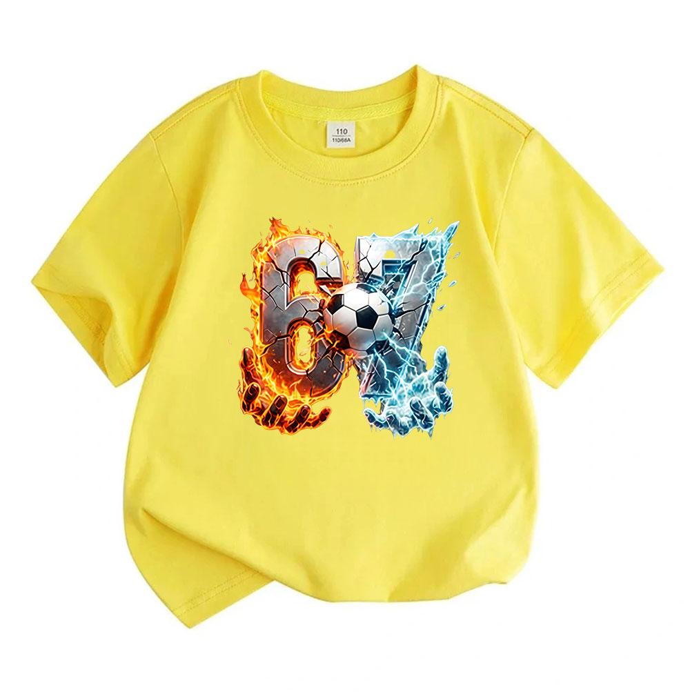 Kids Boys Girls 100% Cotton Crew Neck Short Sleeve T-Shirt, Cool Fire Ice 67 Soccer Football Graphic Casual Soft Summer Tee for Children Daily Wear