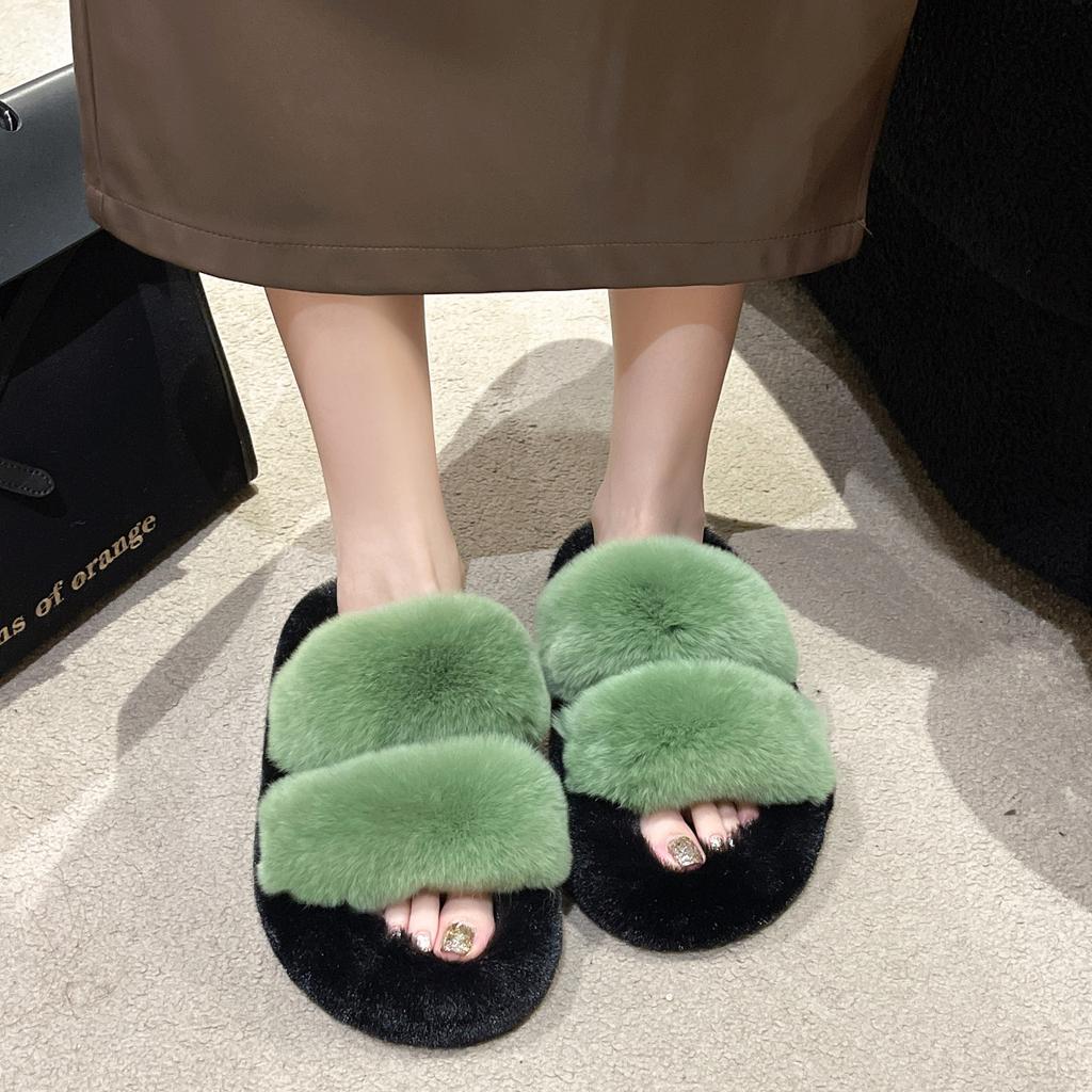 New Color Matching Thick-soled Fluffy Slippers Women's Casual Parallel Bars Fluffy Shoes Fashion Home Wear Cotton Slippers Women
