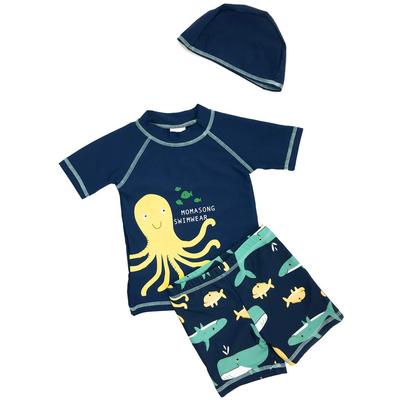 Купальник с коротким рукавом для плавания рашгард Kids353 [Мишка] Детский, для мальчиков, для детей, для юниоров, защита, шорты, шапочка, комплект из 3 предметов, (70см, Темно-синий)