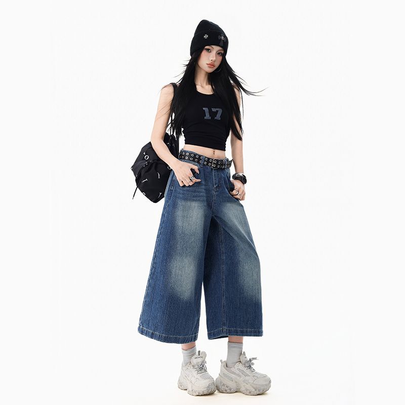 Eight-point bamboo wide-leg jeans women's spring new American retro loose and thin straight cropped pants