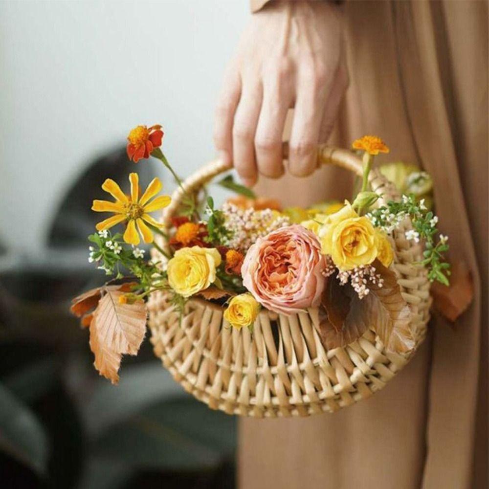 Gift With Handle Flower Basket Half Moon Willow Woven Rattan Basket Hand-held DIY Storage Basket Home Decoration