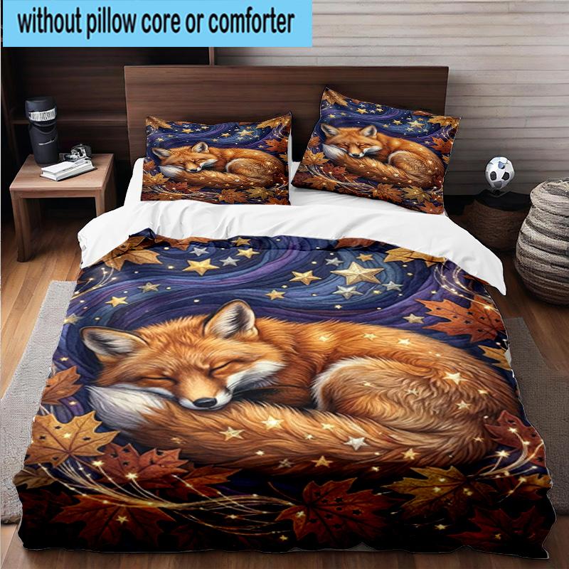 Fox Dreams In Space 3pcs Bedding,Including 1pc Duvet Cover And 2pcs Pillowcases Perfect for Christmas,Ideal for Bedroom, Dormitory