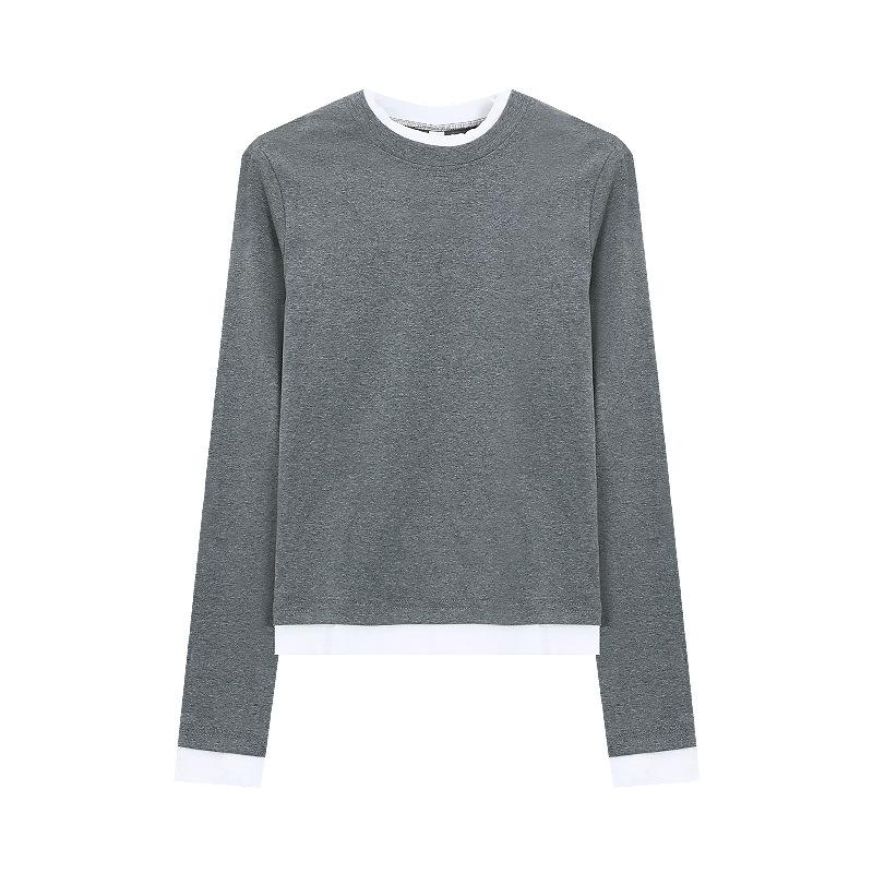 Женская футболка Design Sense Fake Two Slim Fit с длинными рукавами, осенний универсальный пуловер с круглым вырезом.