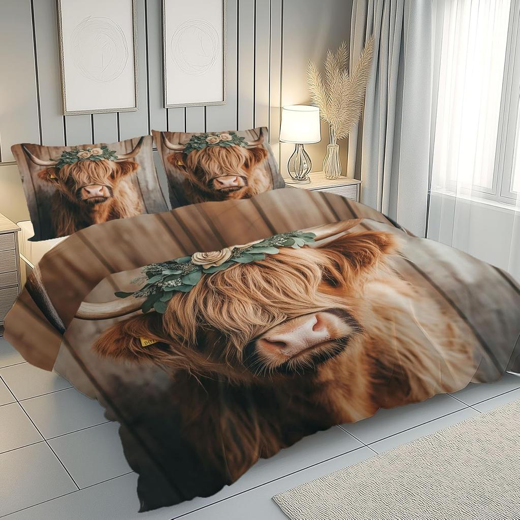 Highland Cow Bedding Set, Farm Cow Duvet Cover 3D Printing 2-Piece, Rustic Animal Pattern Comforter Cover with Pillow Cover