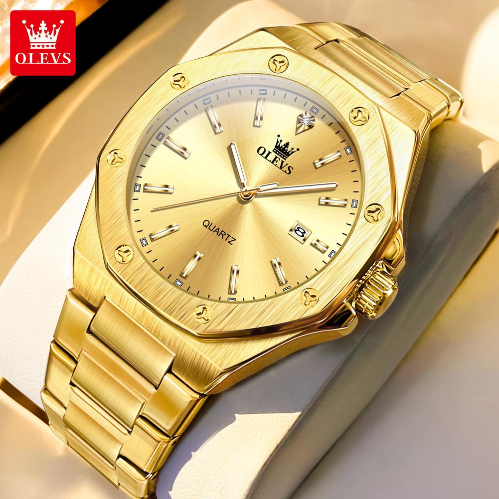 OLEVS Octagonal Dial Men's Watches Classic Fashion Quartz Watch for Man Waterproof Luminous Gold Stainless Steel Date Watch
