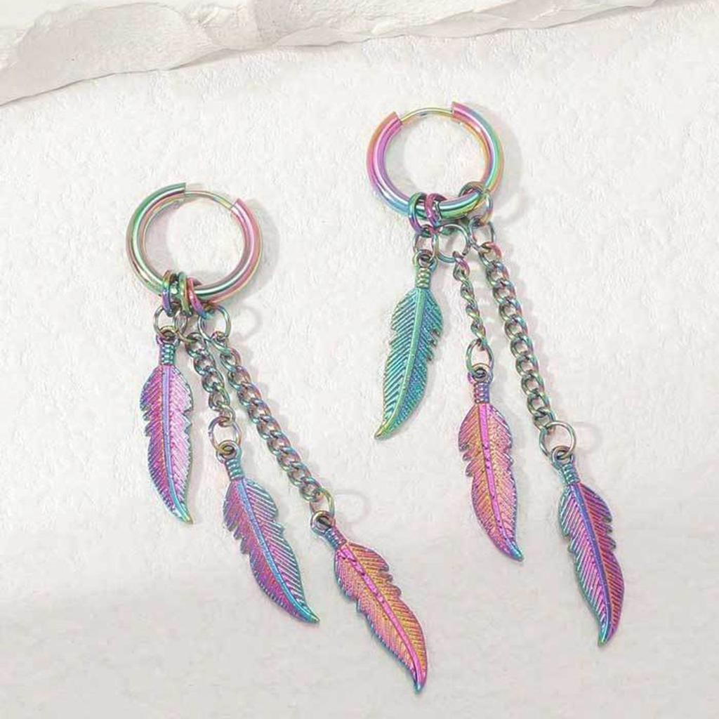 2pc Punk Colored Stainless Steel Feather Earrings, Leaf Chain Earrings, Long Earrings, Suitable For Women's Gatherings