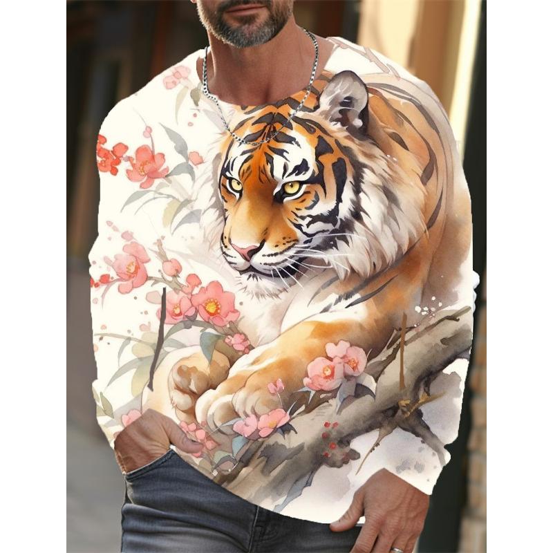 2024 New Tiger Print Pullover Autumn Winter Men's Casual Long Sleeve Round Neck Sweatshirt Streetwear Harajuku Men's Wear