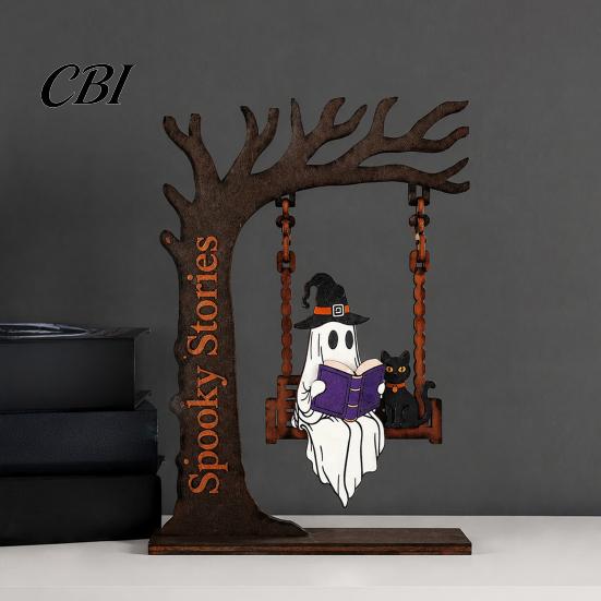 Office Desk Decoration Items Halloween Desktop Swing Decor, Spooky Home Reading Ghost on A Figurine Unique Wooden Craft Gifts for Living Room Kitchen