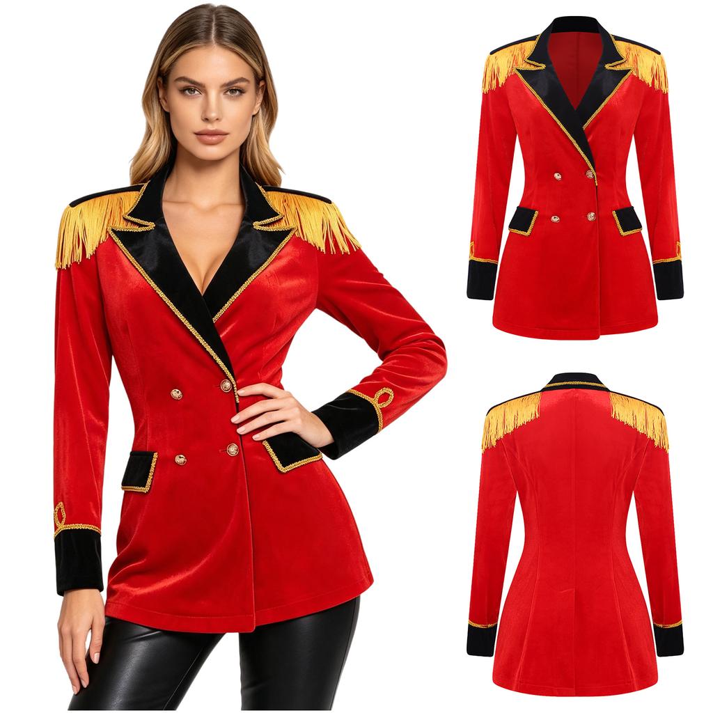 Women Circus Ringmaster Lion Tamer Showman Cosplay Costume Long Sleeve Velvet Jacket Coat for Halloween Carnival Rave Party