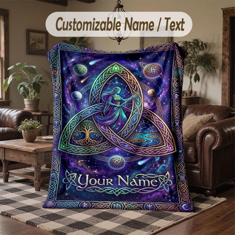 Celestial Triquetra Theme Throw Blanket Custom Name Text Personalized Blanket Soft Cozy Blanket for Home Sofa Bed