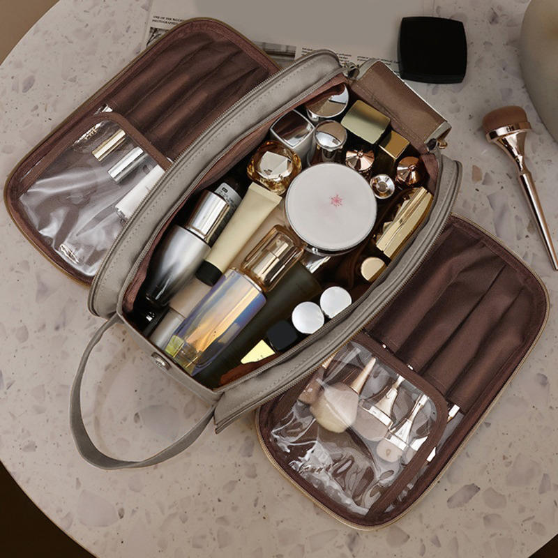 Дорожная косметичка из искусственной кожи, большая вместимость, многофункциональные косметички, переносная сумка для хранения косметических принадлежностей с двойной молнией и кисточками