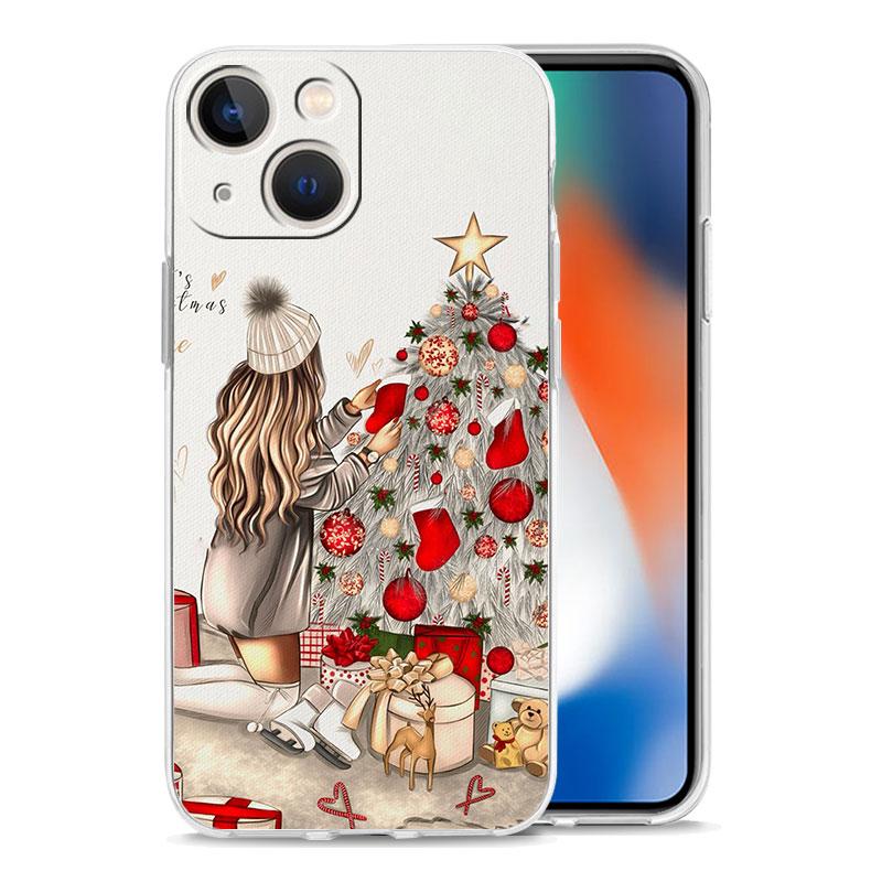 Christmas Art Girls Coffee Transparent Phone Case For iPhone 15 14 13 12 11 Pro Max XS X XR SE 7 8 Plus TPU Lens Protect Cover