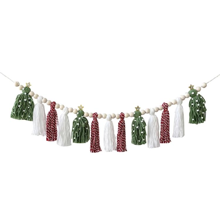 Christmas Garlands Decoration Cotton Tassels Garlands with Wood Beads Wall Hanging Bunting Banners Decors for Mantel