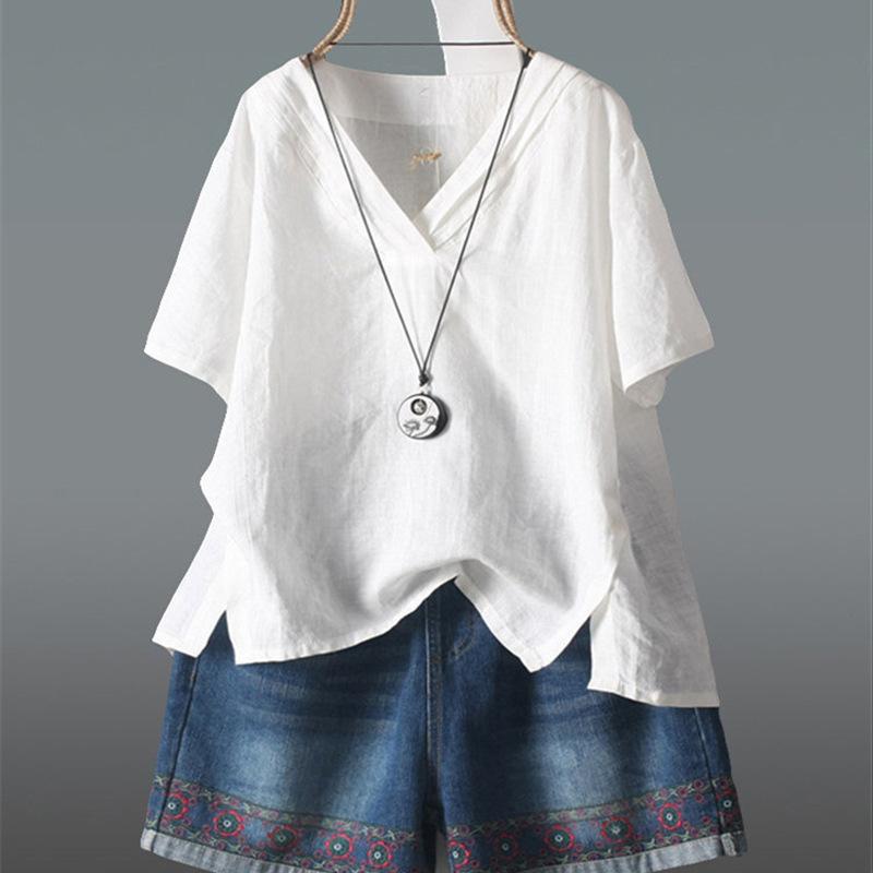 Summer national style solid color retro solid color top large size casual loose hemp short sleeve pullover V-neck T-shirt women's clothing