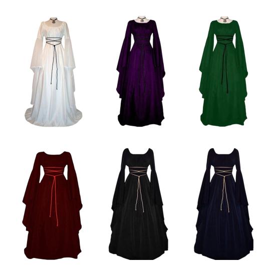 Halloween Renaissance Witch Dress for Women Gothic Victorian Dress Long Bell Sleeve Medieval Costume for Halloween Cosplay Party