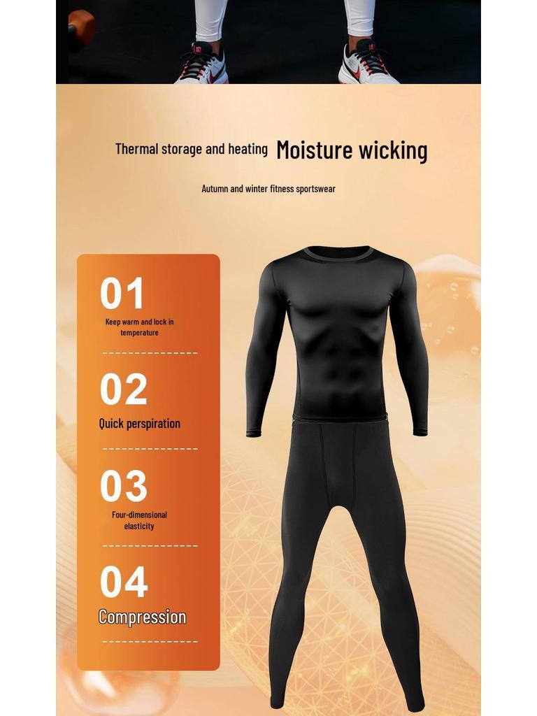 Мужской зимний комплект для фитнеса: Быстросохнущий комплект с бархатной подкладкой: Лонгслив и Штаны для Бега и Тренировок