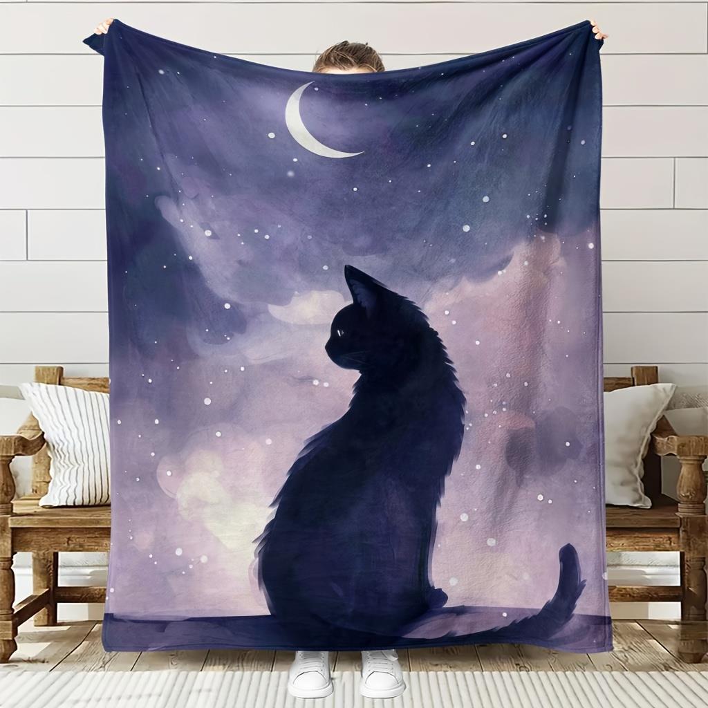 pc Luxury Cat Lovers Throw Blanket Elegant Black Cat Silhouette with Crescent Moon Stars Night Sky in PurpleBluePinkPurp