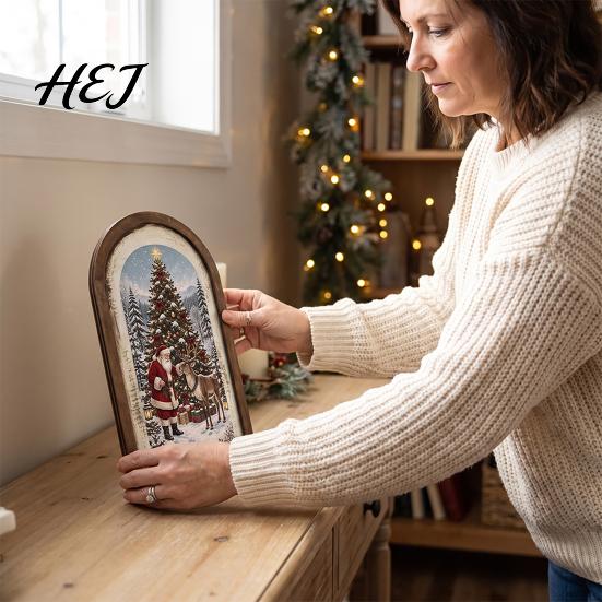 Decorative Wall Mounted Art Vintage Arched Wooden Photo Frame with Christmas Illustration, Retro Distressed for Holiday Gift Family Desktop And Mantel