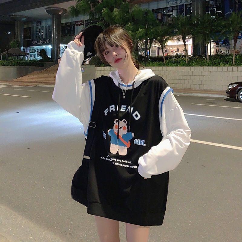 Весна-Осень, женский свитер из двух частей, толстовка с длинными рукавами, свободная ветровка для бойфренда, повседневная тонкая футболка