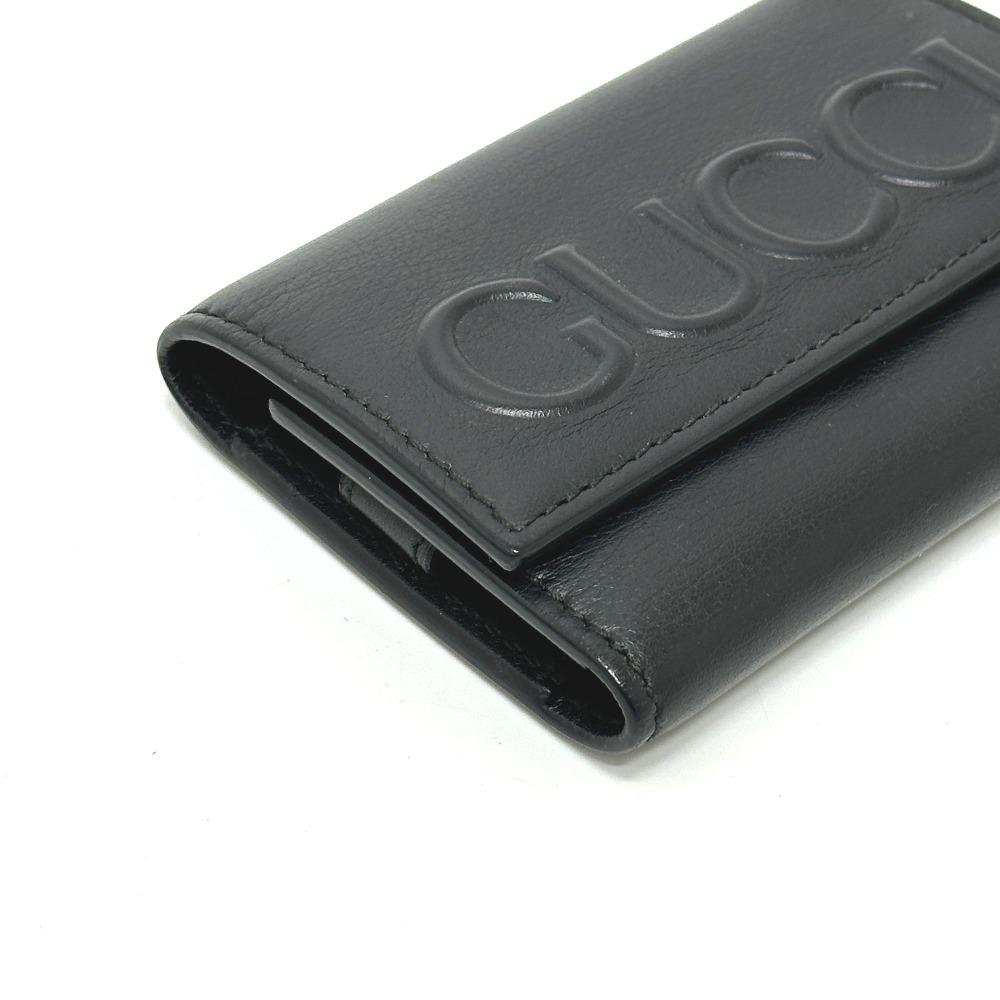 Gucci 428781 Тисненый логотип Брелок для ключей Кольцо для ключей 6 колец Чехол для ключей Кожа Черный