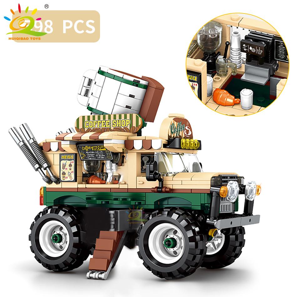 City Outing Bus Ice Cream Burger Shop Car Building Blocks Food Snack Street View Store Van Bricks Toy For Children Girl