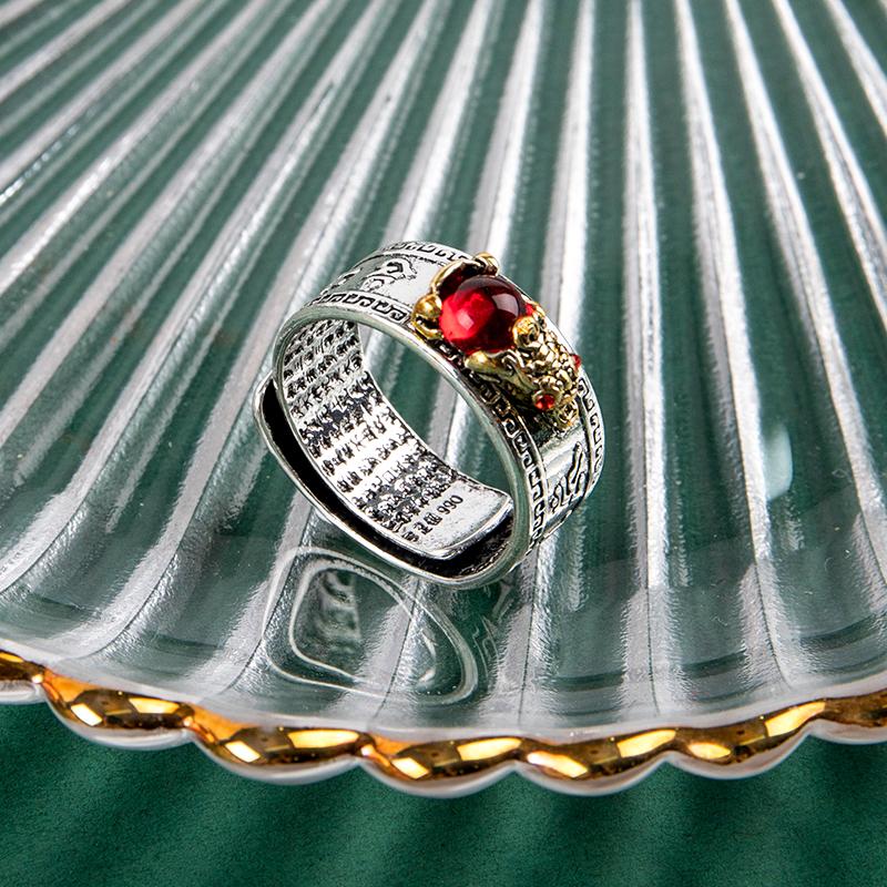 Китайский фэн-шуй Pixiu кольцо винтажное посеребренное сердце сутра амулет защита богатство удача открытое регулируемое кольцо буддийские украшения для женщин мужчин подарок