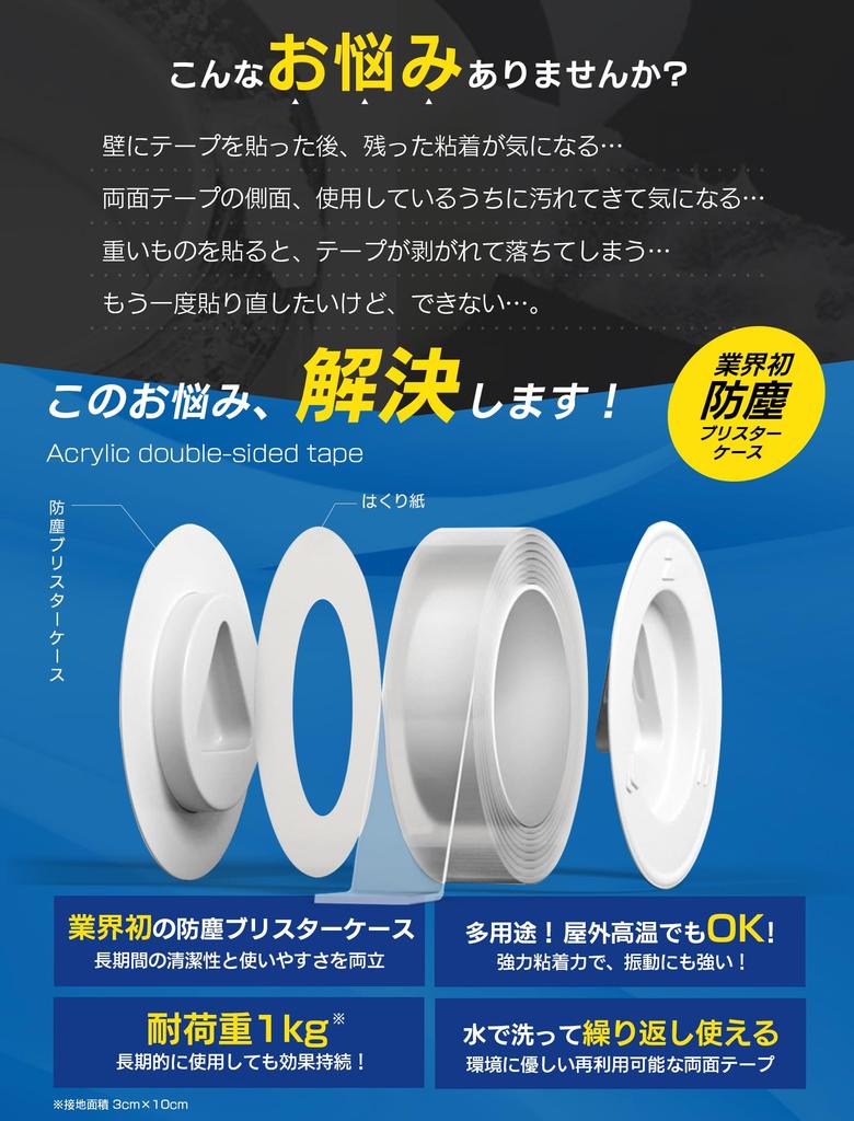 Qmitto Super Strong Removable Industry First Dustproof Blister Case Adhesive Putty Wide x Thick x 3m Double-Sided Tape, "2025 Included" (3cm 0.2cm