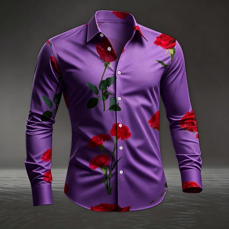 Men's Red Rose Printed Long Sleeved Shirt with White Casual Button Up Top for Romantic Occasions