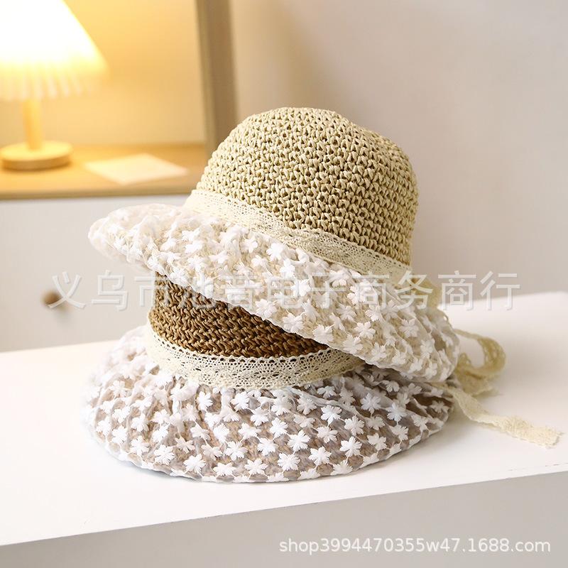 Summer vacation seaside vacation versatile Hepburn style sun hat small fresh flower lace straw hat children