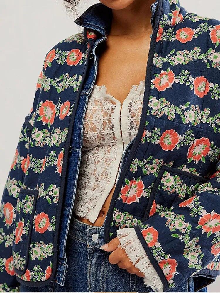 Хлопковая куртка с цветочным принтом, женская толстая лоскутная теплая теплая куртка-кардиган с карманами, женское осенне-зимнее повседневное уличное пальто