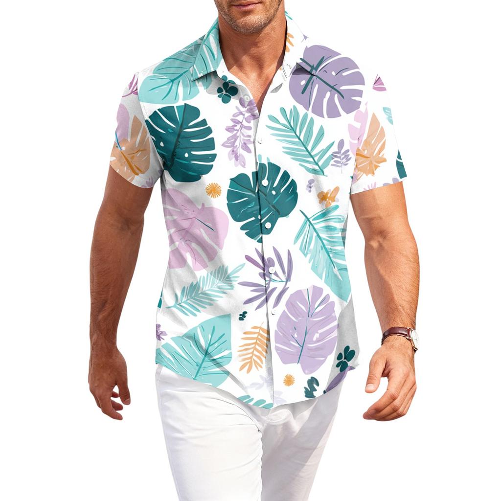 Men's Casual Loose Fit Hawaiian Print Short Sleeve Shirt Button Down Beach Vacation Shirt Lightweight Breathable Summer Top