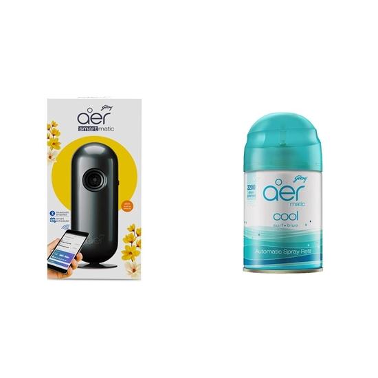 Godrej Aer Smart Matic Kit - BLUETOOTH ENABLED Automatic Air Freshener | Alive (225ml) & Godrej Aer Matic Refill | Cool Surf Blue (225ml)