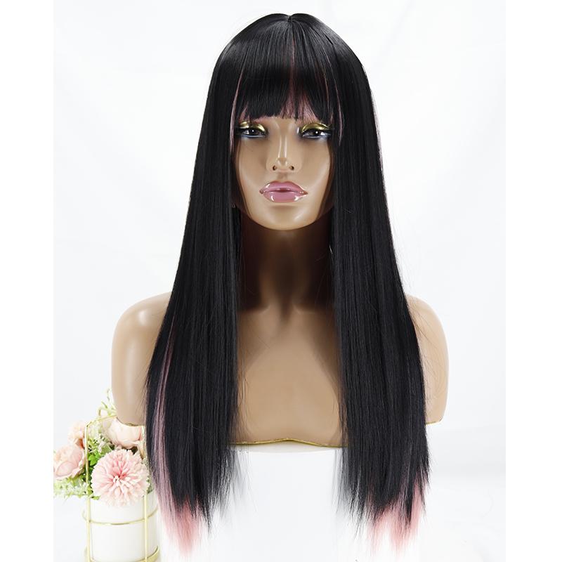 MISS WIG Women Fashion Long Straight Hair with Bangs Gradient Color Heat Resistant Cosplay Wigs Synthetic Fiber Wigs with Bangs
