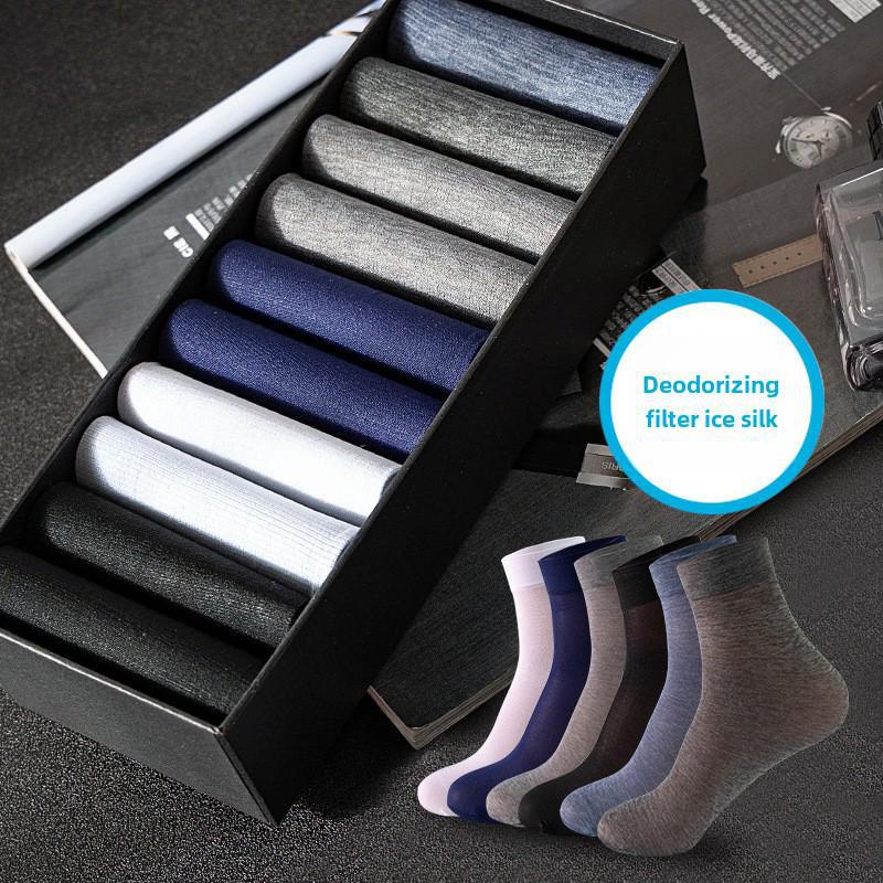 Men's Summer Ice Silk Thin Breathable Deodorant Mid-Tube Black Business Socks