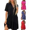 Летнее женское платье с V-образным вырезом и лацканами, плиссированное лоскутное подол, однотонное свободное платье трапециевидной формы с короткими рукавами и длиной до колена, платье миди
