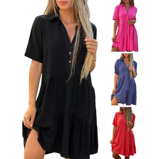 Летнее женское платье с V-образным вырезом и лацканами, плиссированное лоскутное подол, однотонное свободное платье трапециевидной формы с короткими рукавами и длиной до колена, платье миди