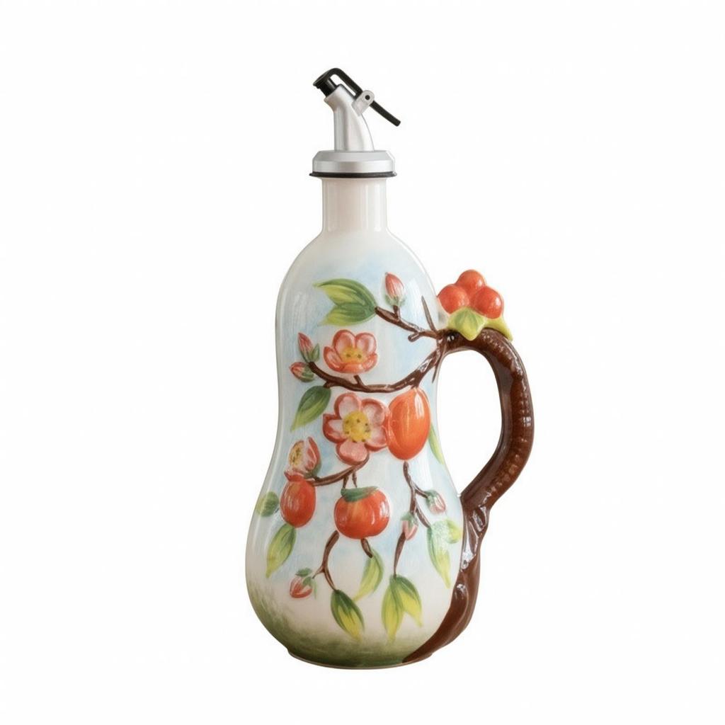 Ceramic Oil Bottle with Pouring Spout Sturdy Soy Sauce Dispenser Hinged Cap