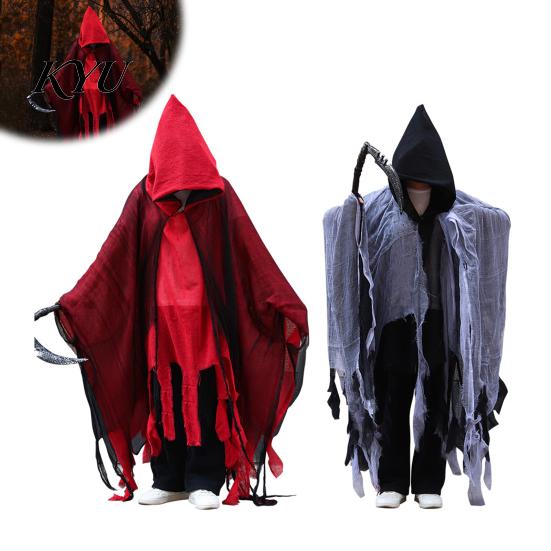 Halloween Party Grim Reaper Hooded Cloak for Men Women, Adult Scary Gothic Lightweight Breathable Gauze Cape Wizard Cape, Cosplay Costume Masquerade