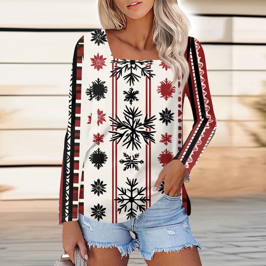 Женская модная повседневная футболка с длинным рукавом и принтом елки и снежинки