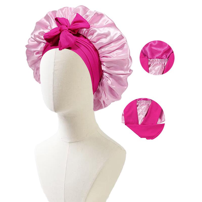 Satin Nightcap with Ribbon Bowknot, Double-Sided Silk Hair Cap, Leopard Print