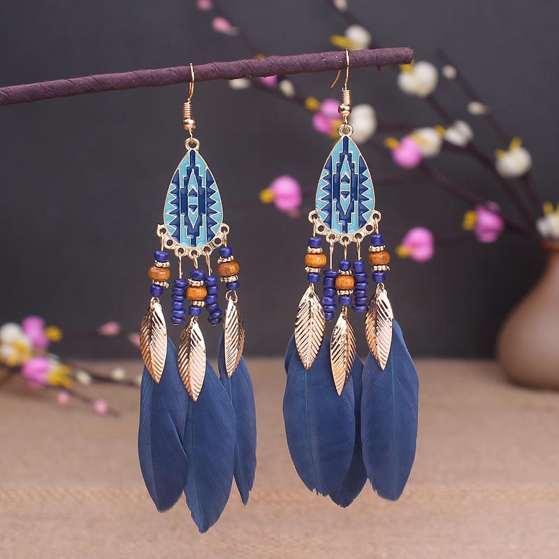 Bohemian Long Feather Dangle Earrings For Women Beach Chain Tassel Drop Earrings Wedding Bride Jewelry Girl Gift