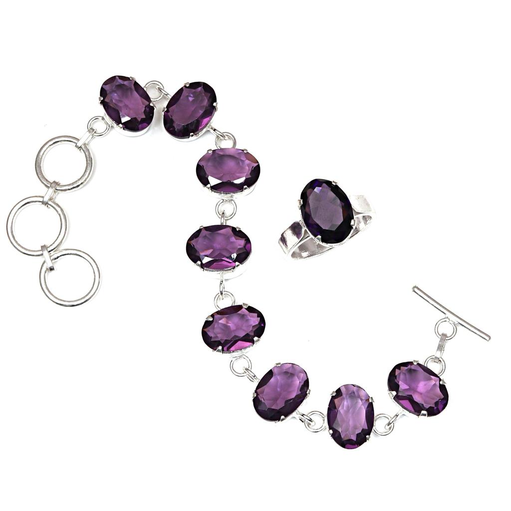 Amethyst Quartz Gemstone Women's Unisex Jewelry Bracelets & Rings 7-8''